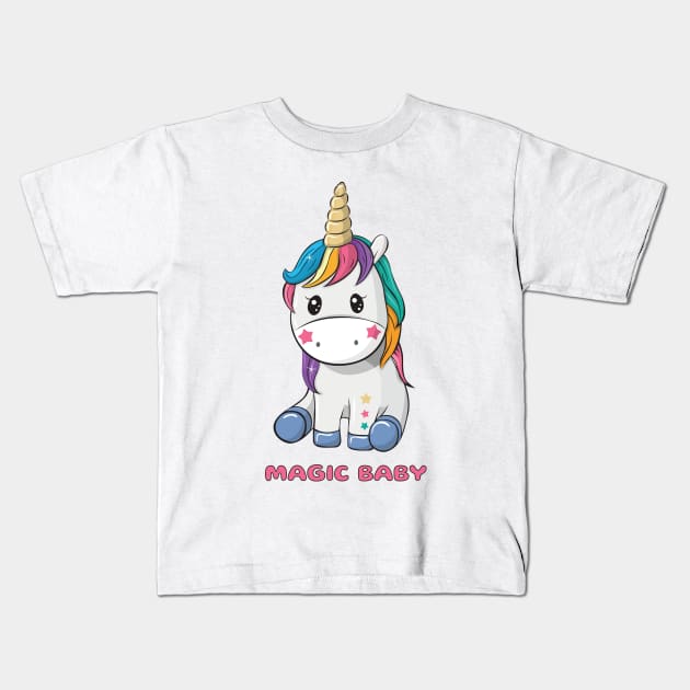 Cute little unicorn girl with coloured hair and words magic baby Kids T-Shirt by playmanko